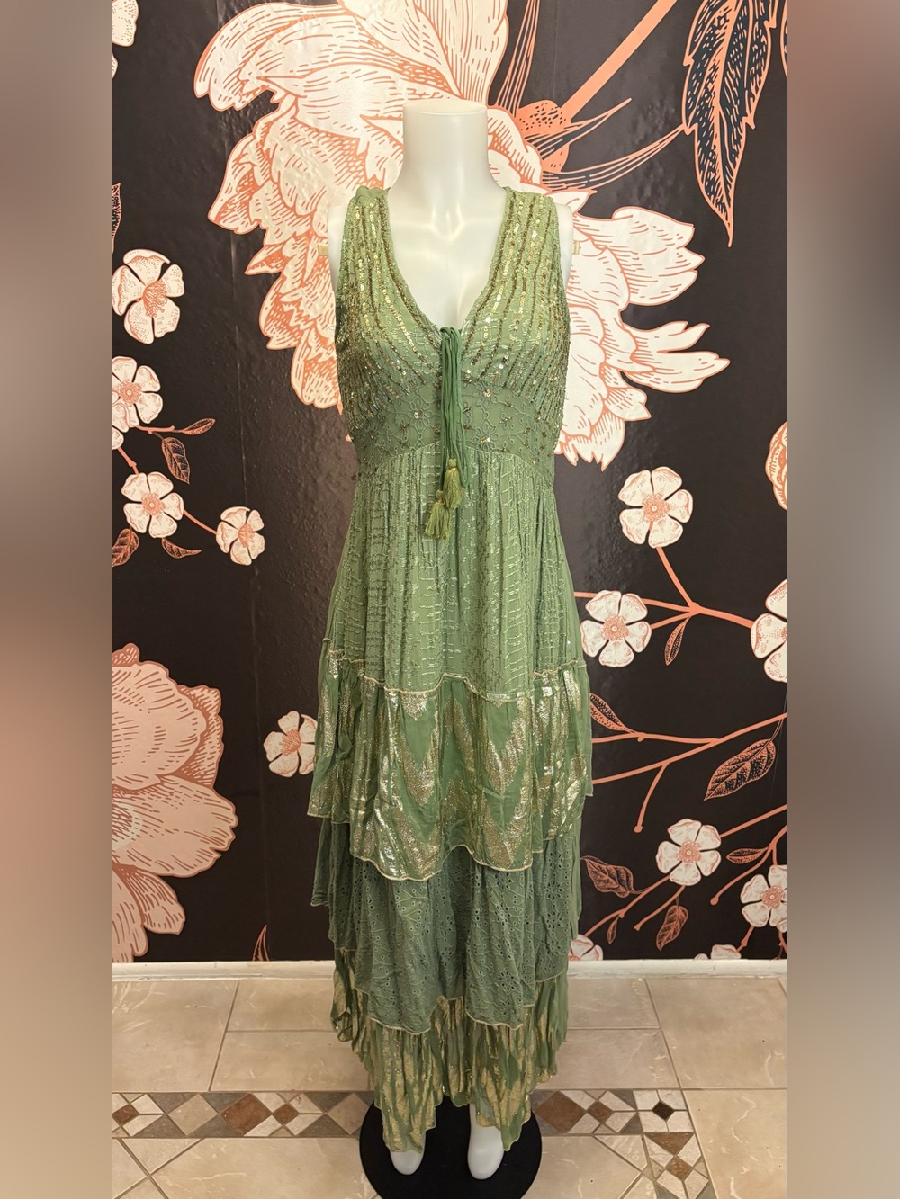 NWT Gorgeous Sage Green and Gold Resort Luxe Tiered Embellished Maxi Dress - Picture 4 of 16